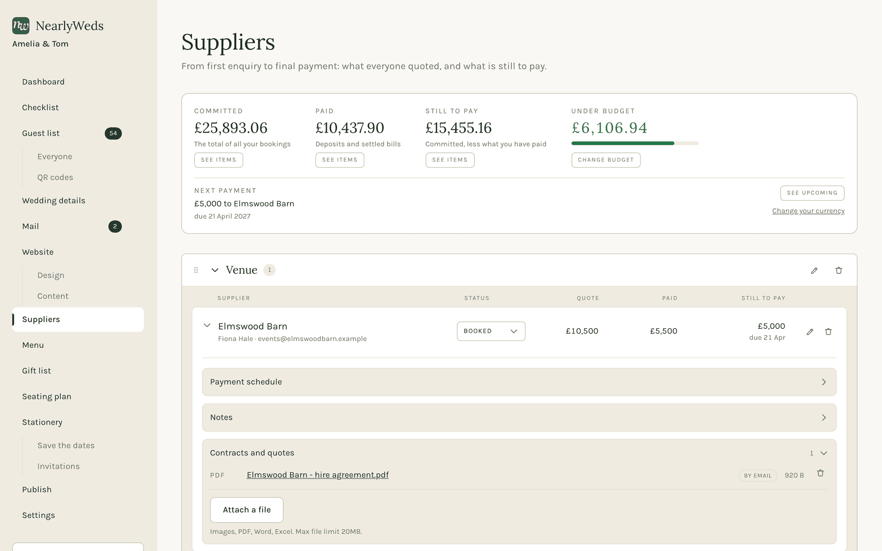A supplier opened on the suppliers screen, its Contracts and quotes fold showing a PDF marked as having arrived by email.
