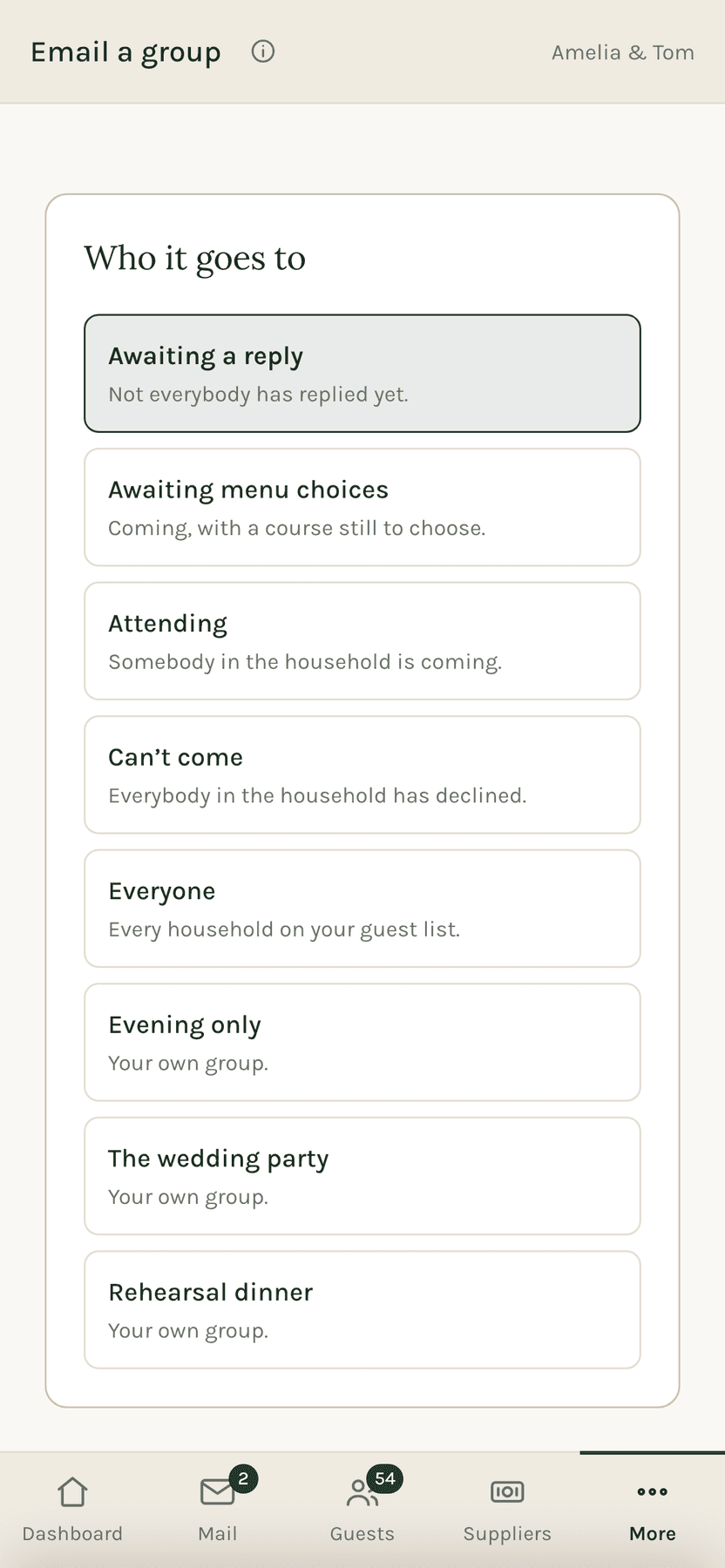 Choosing who a group email goes to: awaiting a reply, awaiting menu choices, attending, and the couple's own guest groups.