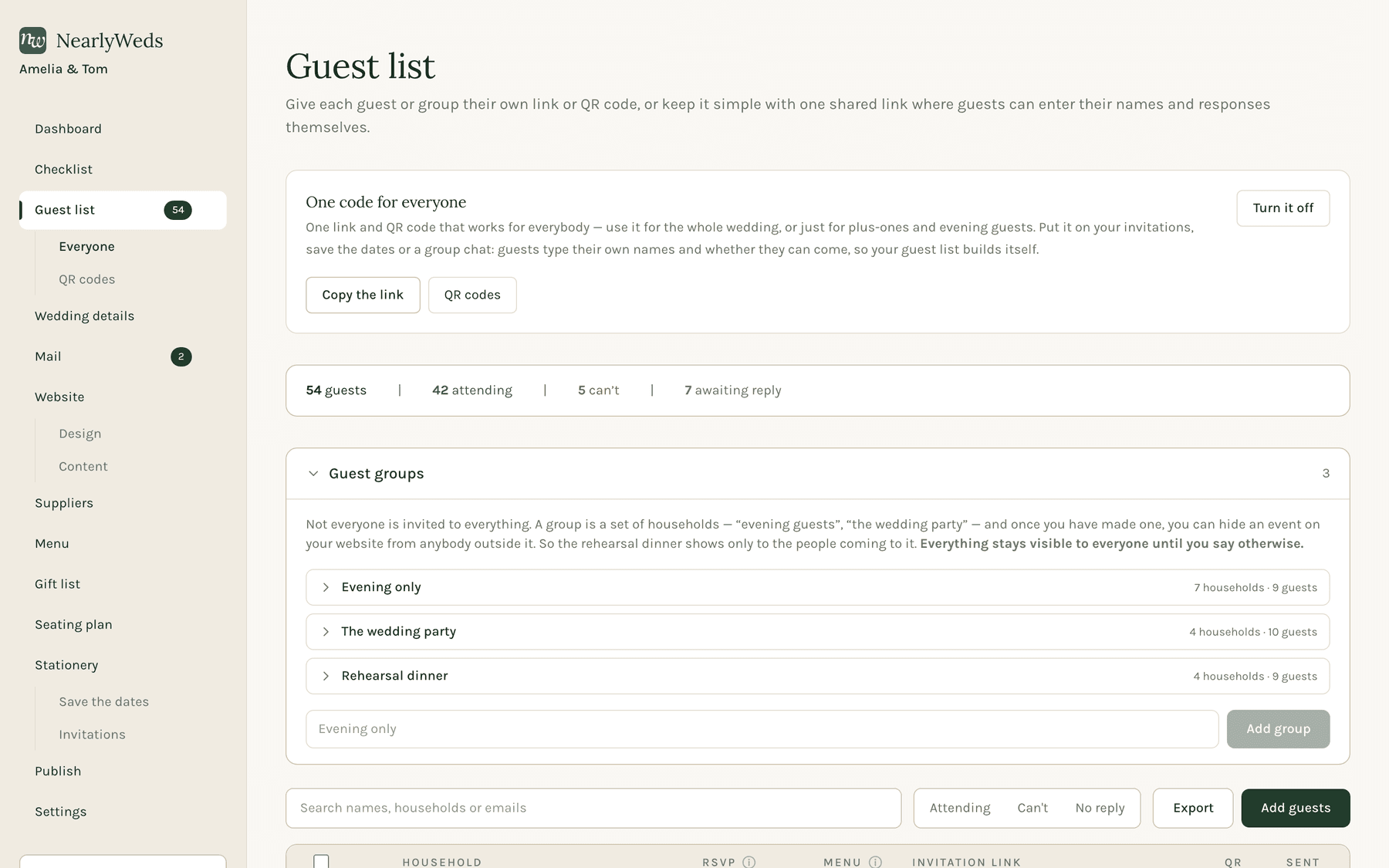 The guest groups panel, with Evening only, The wedding party and Rehearsal dinner, each showing how many households are in it.