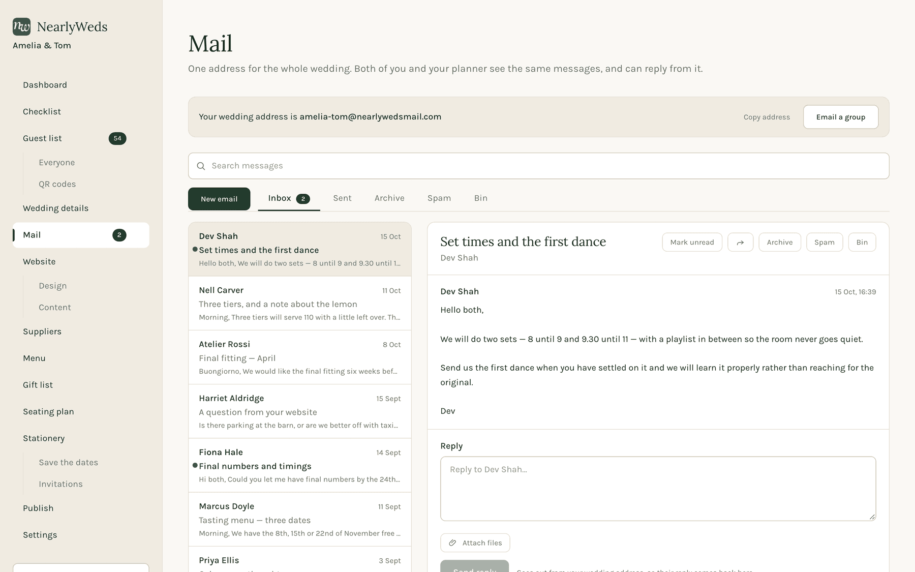 A wedding inbox at the couple's own address with a supplier's message open, and the same conversation on a phone.
