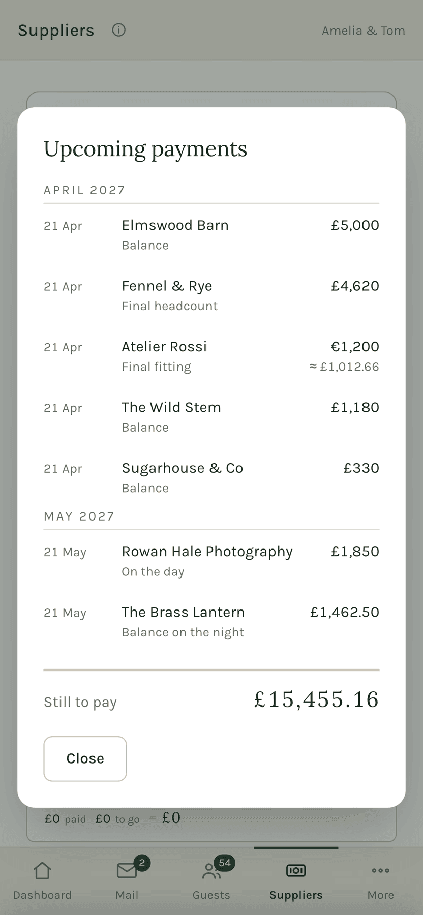 Upcoming payments by month: each supplier, the amount due, what the payment is for, and the total still to pay.