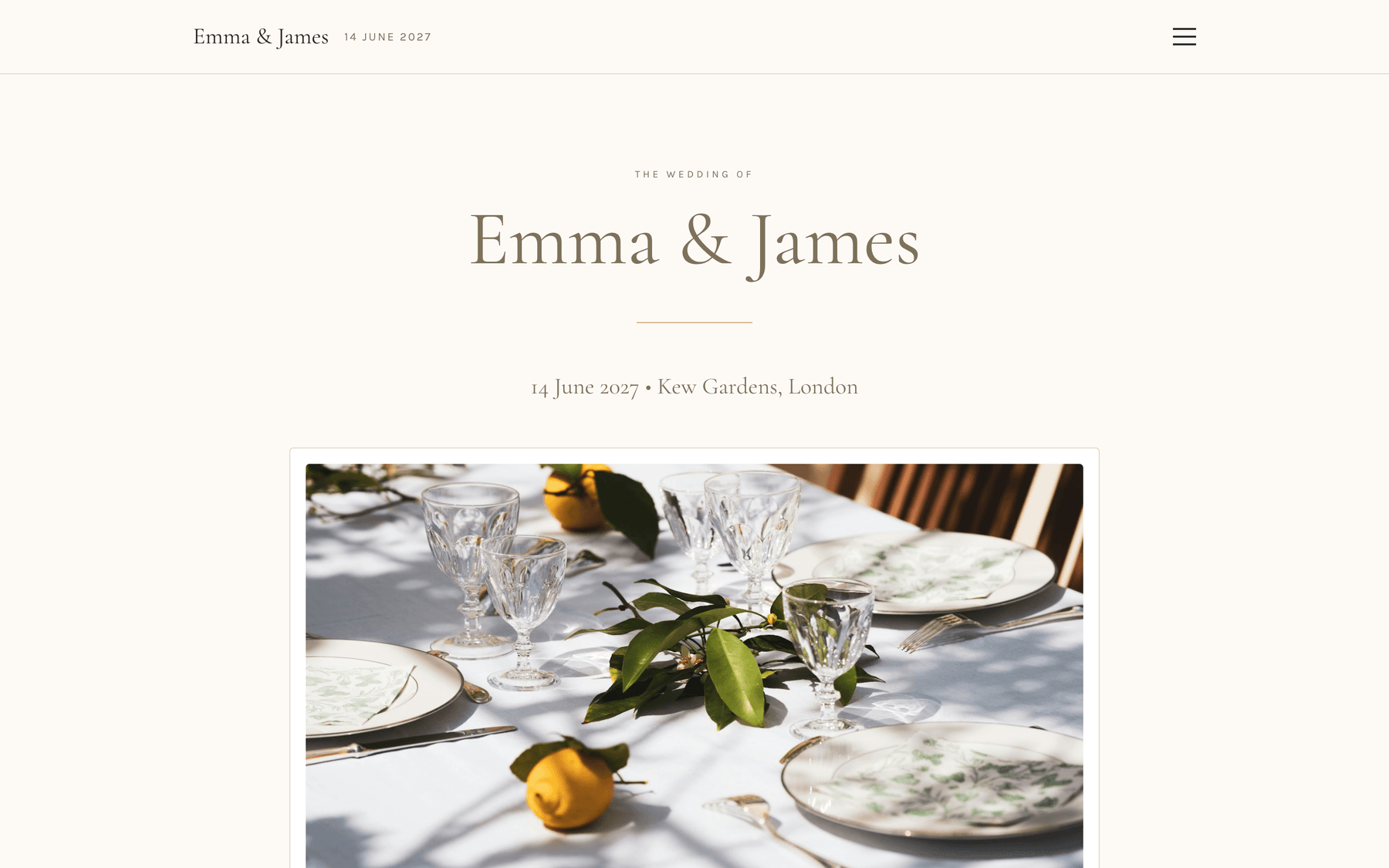A finished wedding website: the couple's names, their date and venue, and their photograph.