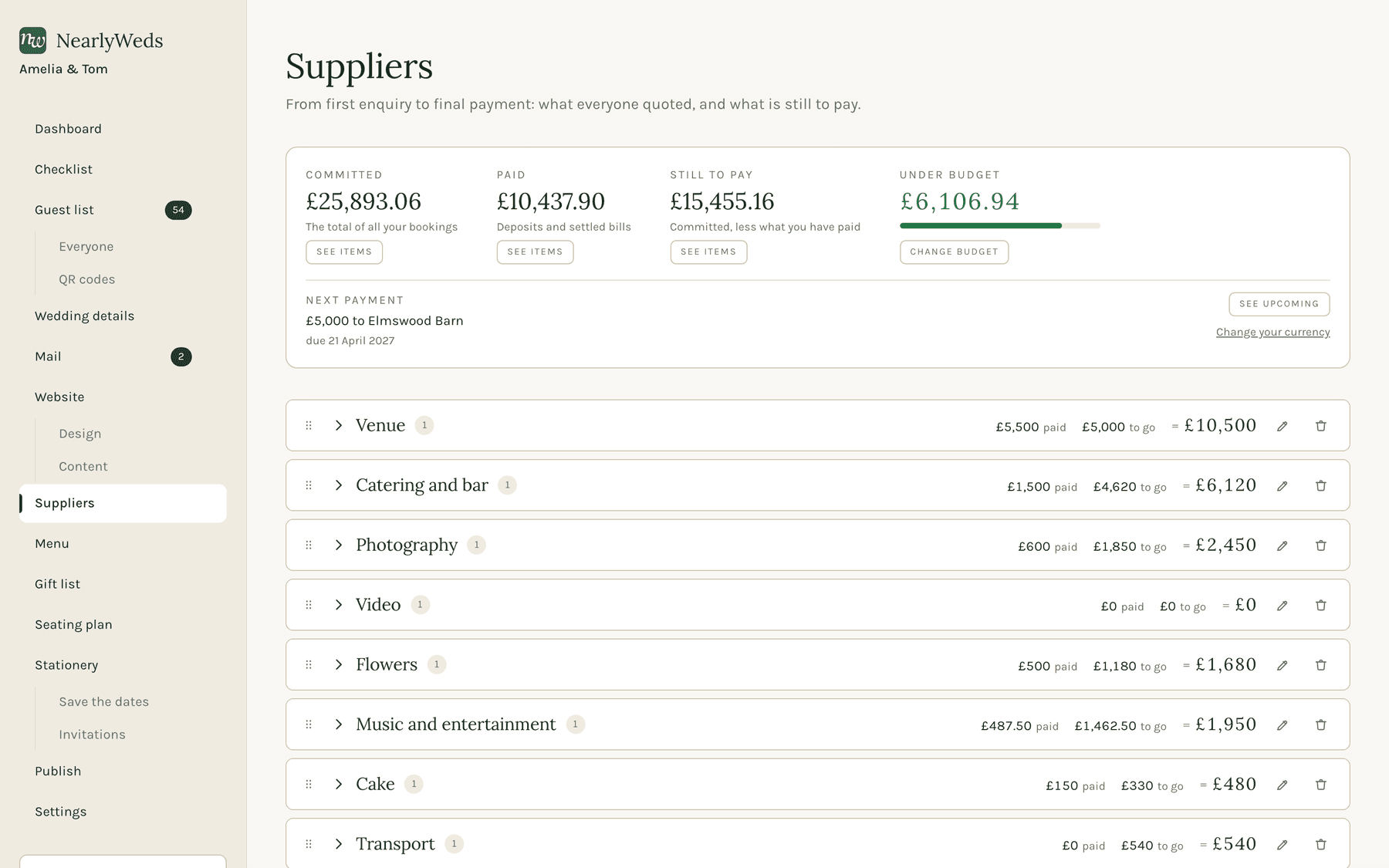 A wedding budget showing committed, paid and still to pay, the next payment due, and each supplier with its quote and balance.