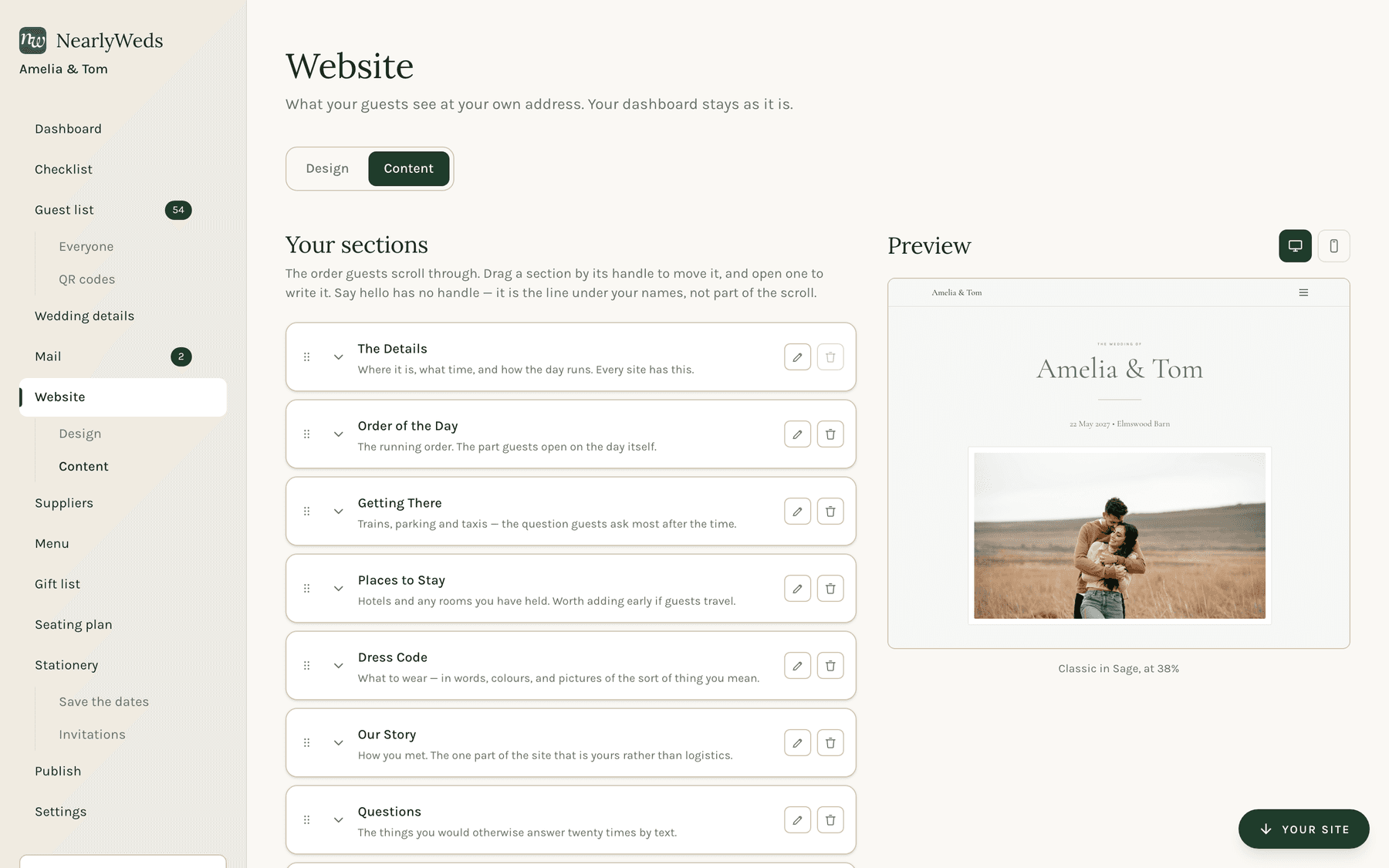The content editor, listing the sections a guest scrolls through, with a live preview beside it.
